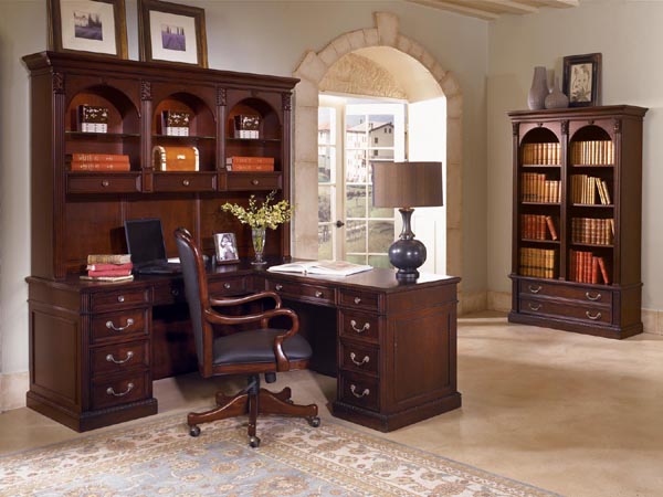 wellington traditional computer "L" desk with open hutch and lateral file bookcase