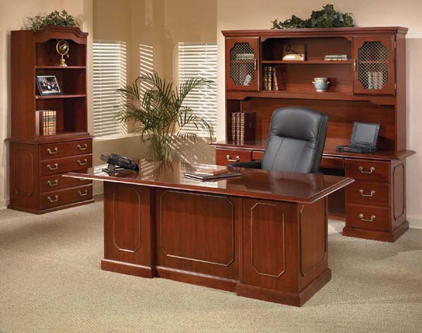 ambassador traditional executive office suite with executive double ped desk, credenza, grill door hutch, and two drawer lateral file with bookcase hutch