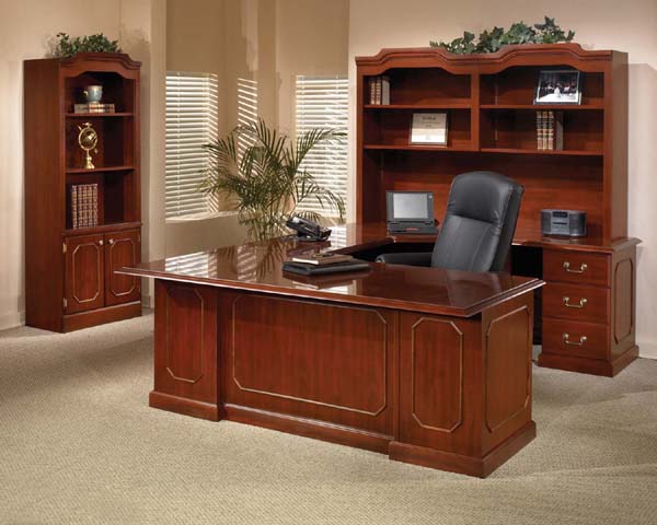 ambassador traditional series office furniture from dmi executive "U" arrangement with open bookcase hutch