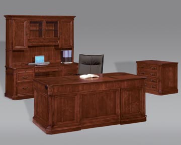 Executive suite consisting of executive desk, kneehole credenza, storage hutch and lateral file.