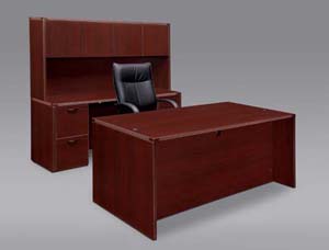 Executive desk and kneehole credenza with overhead door storage hutch with full pedestals.