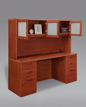 Kneehole credenza with full pedestals computer workstation with overhead white glass door hutch