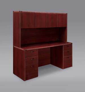 Full pedestal kneehole credenza computer workstation with overhead door storage hutch