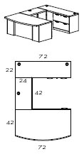 right bow front U lateral file workstation with 42" bridge