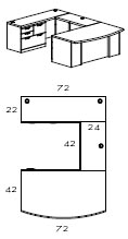 left bow front U workstation with multi file and 42" bridge