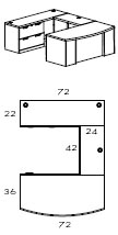 left bow front U workstation with lateral file and 42" bridge