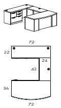 left bow front U workstation with multi file and 42" bridge