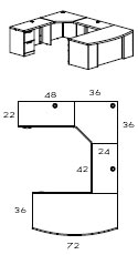 left bow front corner U workstation with  42" bridge