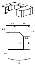 left bow front corner U workstation with 42" bridge and return