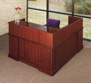 Traditional reception "L" desk with transaction counter front view