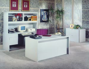 Bravo desk, kneehole credenza, hutch and lateral file