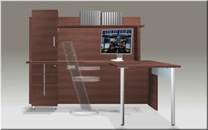 Single pedestal "L" desk with integrated hutch