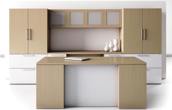 Executive desk, kneehole computer credenza, overhead storage hutch with doors, lateral file storage cabinets on the ends. Shown in New age oak and Designer White Laminates; square edge; beam pull.