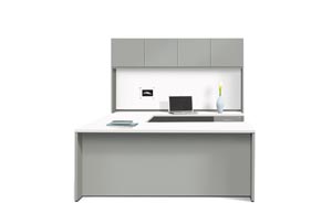 Executive "U" consisting of single pedestal desk, bridge, single pedestal credenza and storage hutch with doors and tack board. Shown in Light Gray and White laminate surfaces.