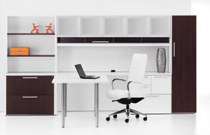 Executive "L" table desk, combo cabinet return, overhead storage hutch with glass doors, wardrobe/storage cabinet, two drawer lateral file with open storage hutch. 
