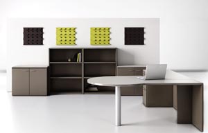 Executive "L" peninsula desk with a single pedestal return, storage cabinet, two drawer lateral file, and two bookcases.