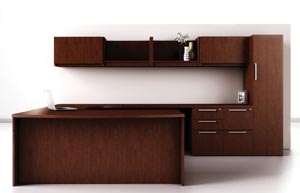 Executive "U" desk with a combo cabinet, storage cabinet and overhead open and door storage unit.