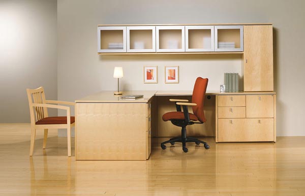 Executive "L" desk with combo cabinet, storage cabinet and overhead glass panel door storage unit