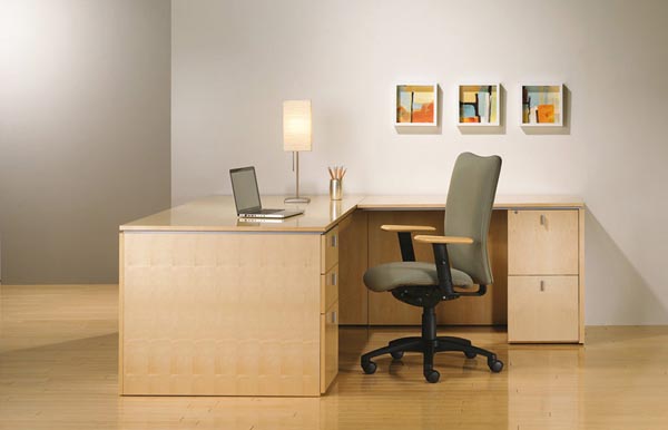 Executive "L" with a single pedestal desk with two box drawers and a file drawer, and a single pedestal return with two file drawers