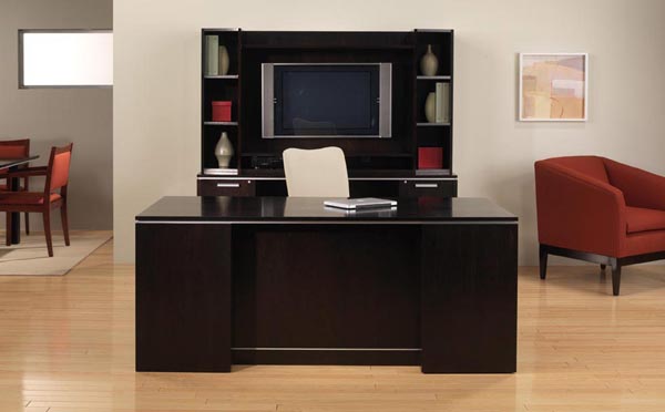 Beautiful contemporary furnished office suite consisting of executive desk, kneehole computer credenza, storage multi media hutch