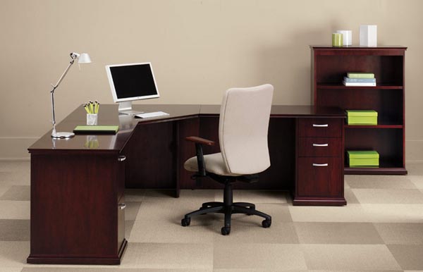 Executive computer "L" desk consisting of a computer corner desk and single pedestals on both the right and left sides with a three shelf bookcase