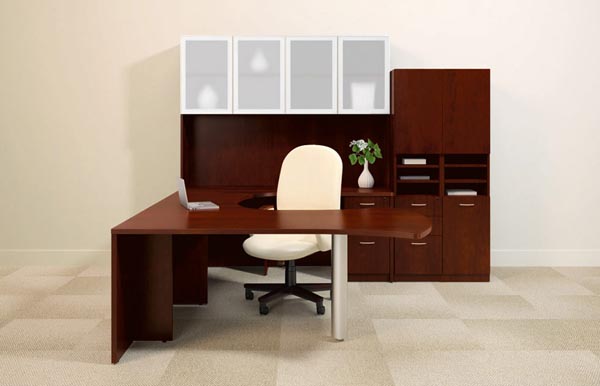Executive office "U" suite consisting of table desk, bridge, file/file pedestal credenza, overhead glass panel door hutch and a file storage organizer unit