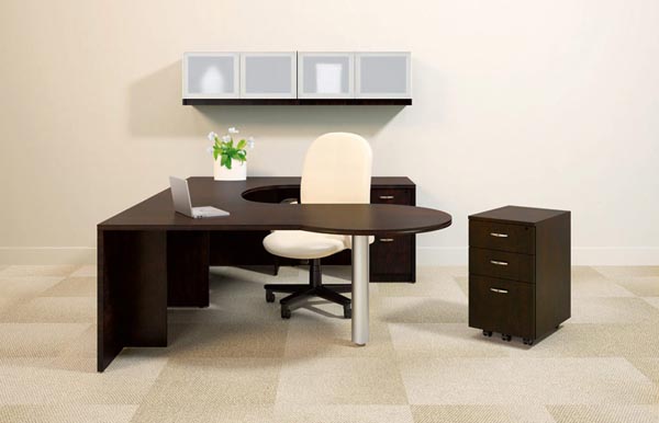 Executive "U" with extended "P" top, extended corner, single pedestal return, mobile pedestal and overhead wall mounted frosted glass door storage unit