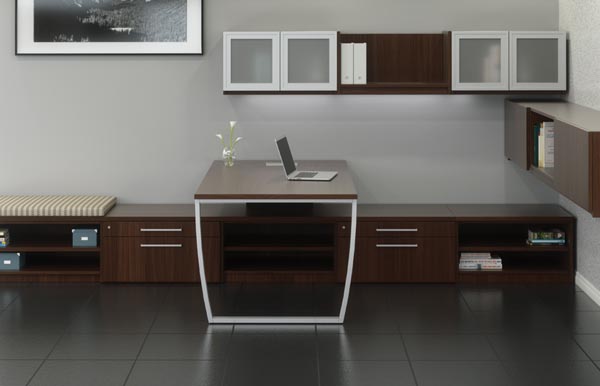 Executive "U" desk consisting of a single pedestal desk, bridge, single pedestal credenza with overhead storage with doors