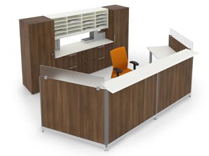 Modular reception desk workstation with matching credenza wardrobe cabinets and overhead pigeon hole hutch side view