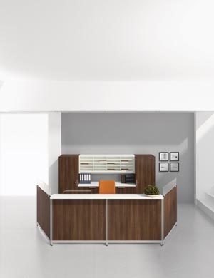 Modular reception desk workstation with matching credenza wardrobe cabinets and overhead pigeon hole hutch