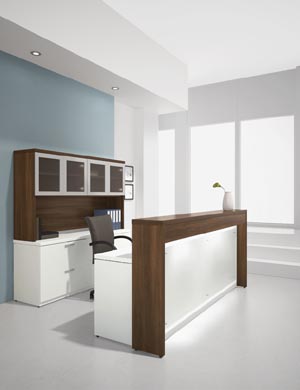 Reception desk with credenza and glass door hutch