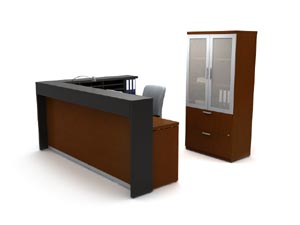 Reception "L" with transaction full lenght counter with lateral file and glass door bookcase cabinet