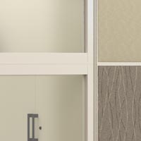 fabric panels and frosted glass panel and cabinet handles