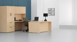 Executive "U" desk with covered overhead hutch with lateral storage cabinet