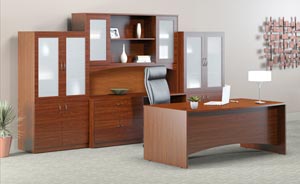 Executive desk, credenza, hutch with double height doors and two storage bookcase frosted panel door cabinets in Cherry