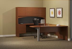 Peninsula "U" shaped desk with single pedestal credenza, bridge and hutch with doors.