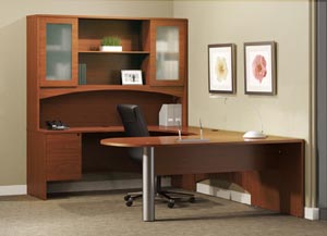 Peninsula "U" shaped desk with single pedestal credenza, bridge and hutch with frosted panel doors.
