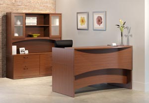 Reception desk with double lateral credenza with overhead hutch with double height frosted panel doors