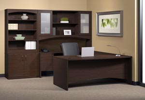 Executive "U" desk with single pedestal credenza, bridge, hutch with double height doors with bookcase storage door cabinet. in Mocha laminate finish