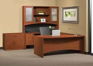 Executive "U" desk with single pedestal credenza, bridge, hutch with double height doors with two drawer lateral file.