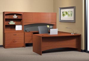 Executive "U" desk with single pedestal credenza, bridge, hutch with doors and lateral file with bookcase hutch.
