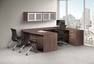 Bow front "U" desk with hanging storage units. 