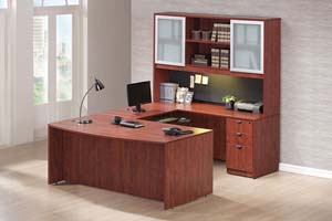 Bow front "U" desk with open center hutch with aluminum frosted panel doors on ends.