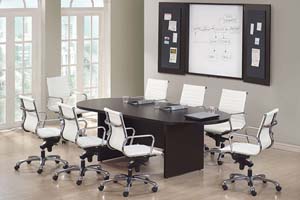 8' Racetrack conference table with conference wall cabinet. 