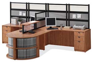 Double corner workstation with Boarders panels across back and dividing the two workareas