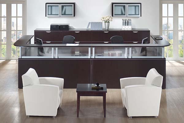 Double reception "U" workstation with Boarders panels and transaction tops with four wide lateral file credenza. 