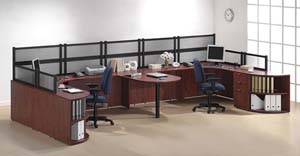 Double workstation with shared bullet table in middle with Boarders panels across back and on ends. 