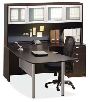 Arc table "L" desk and hutch with silver trimmed doors with frosted glass panels. 