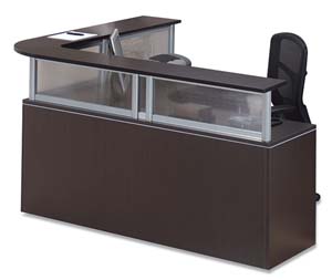 Bow front reception "L" desk with two box/file pedestals and transaction counter. 