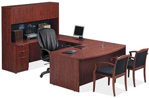 Bow front executive "U" desk and hutch with wood doors.